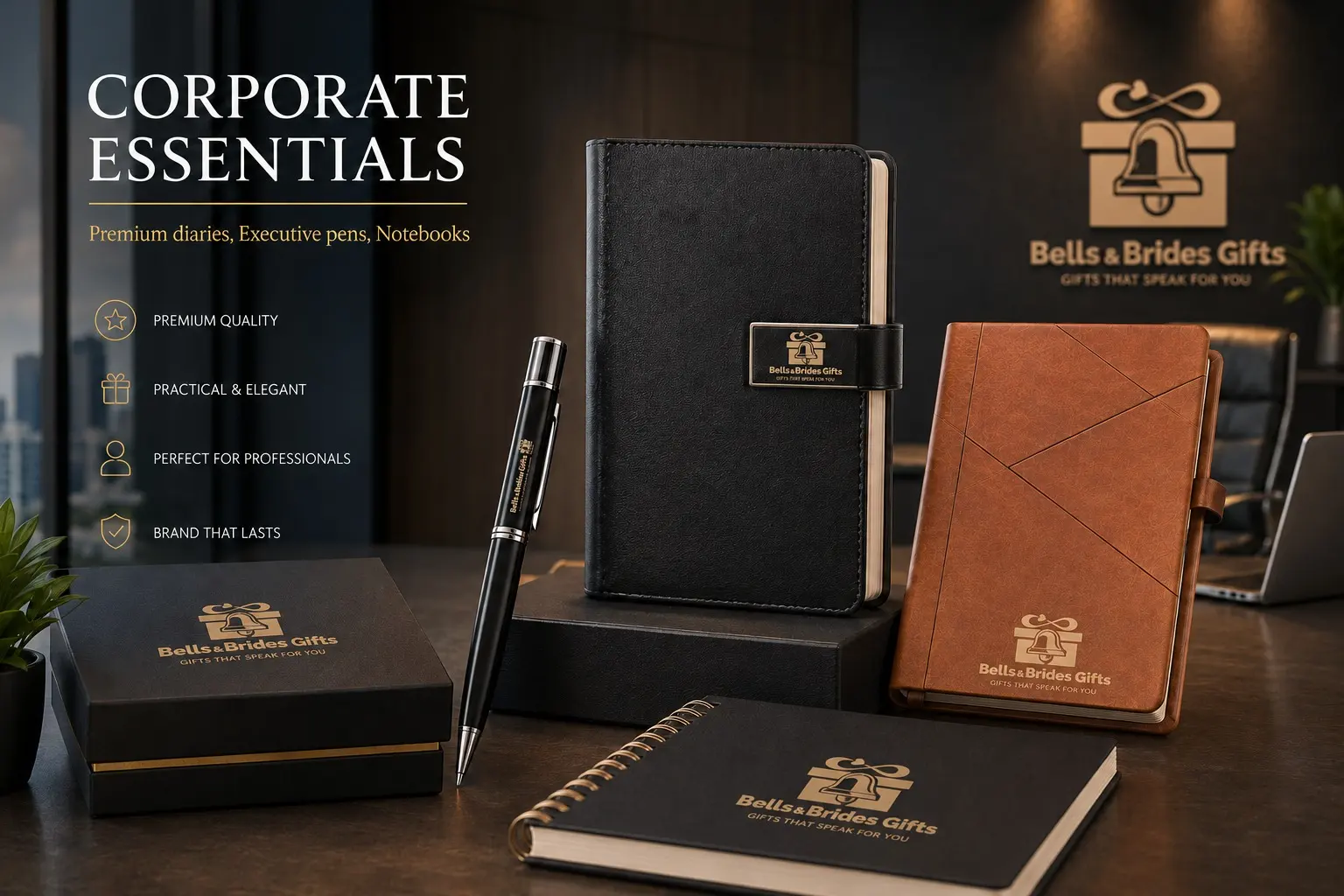 Corporate essentials kit with leather notebook, executive pen and diary