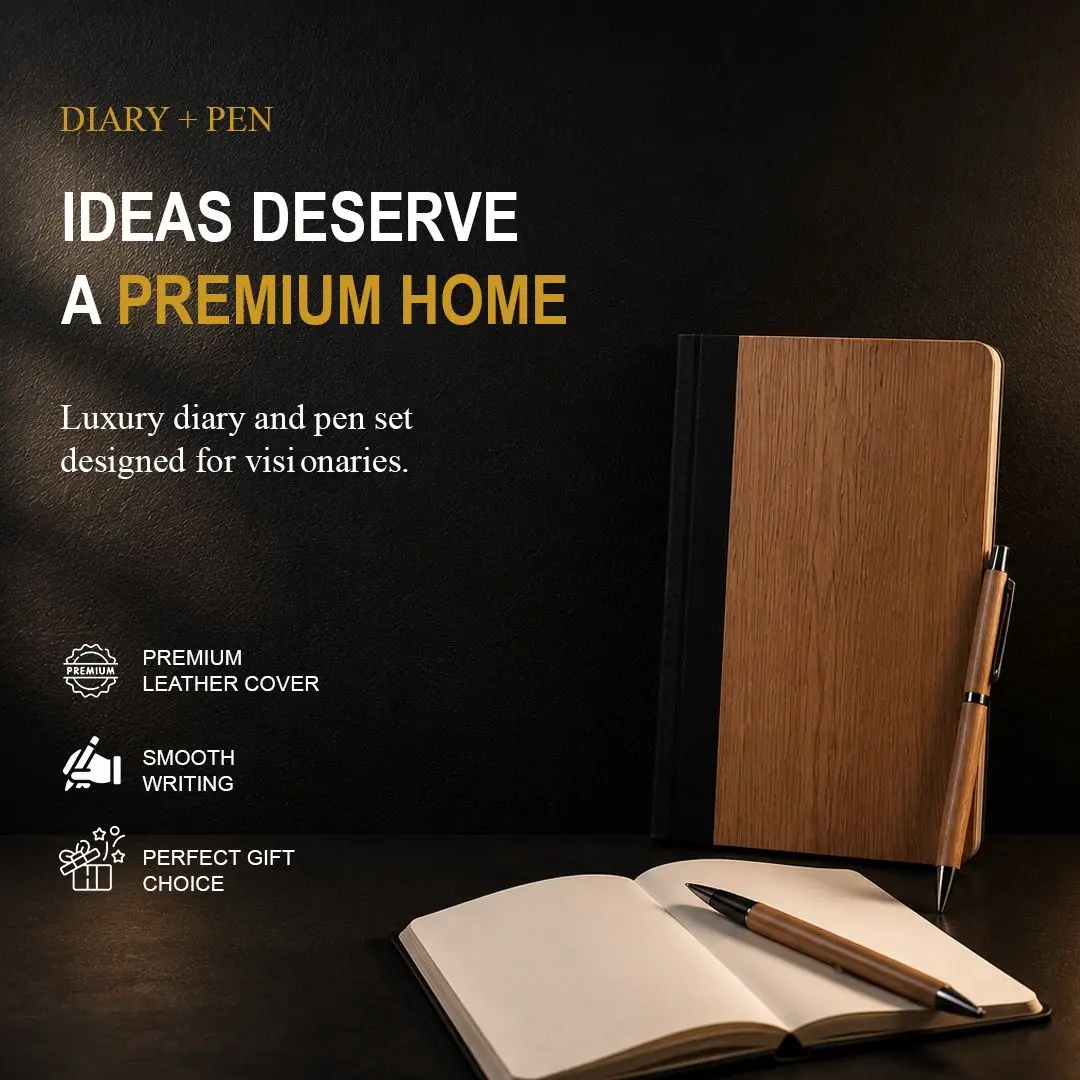 Leather-bound diary and wooden pen set