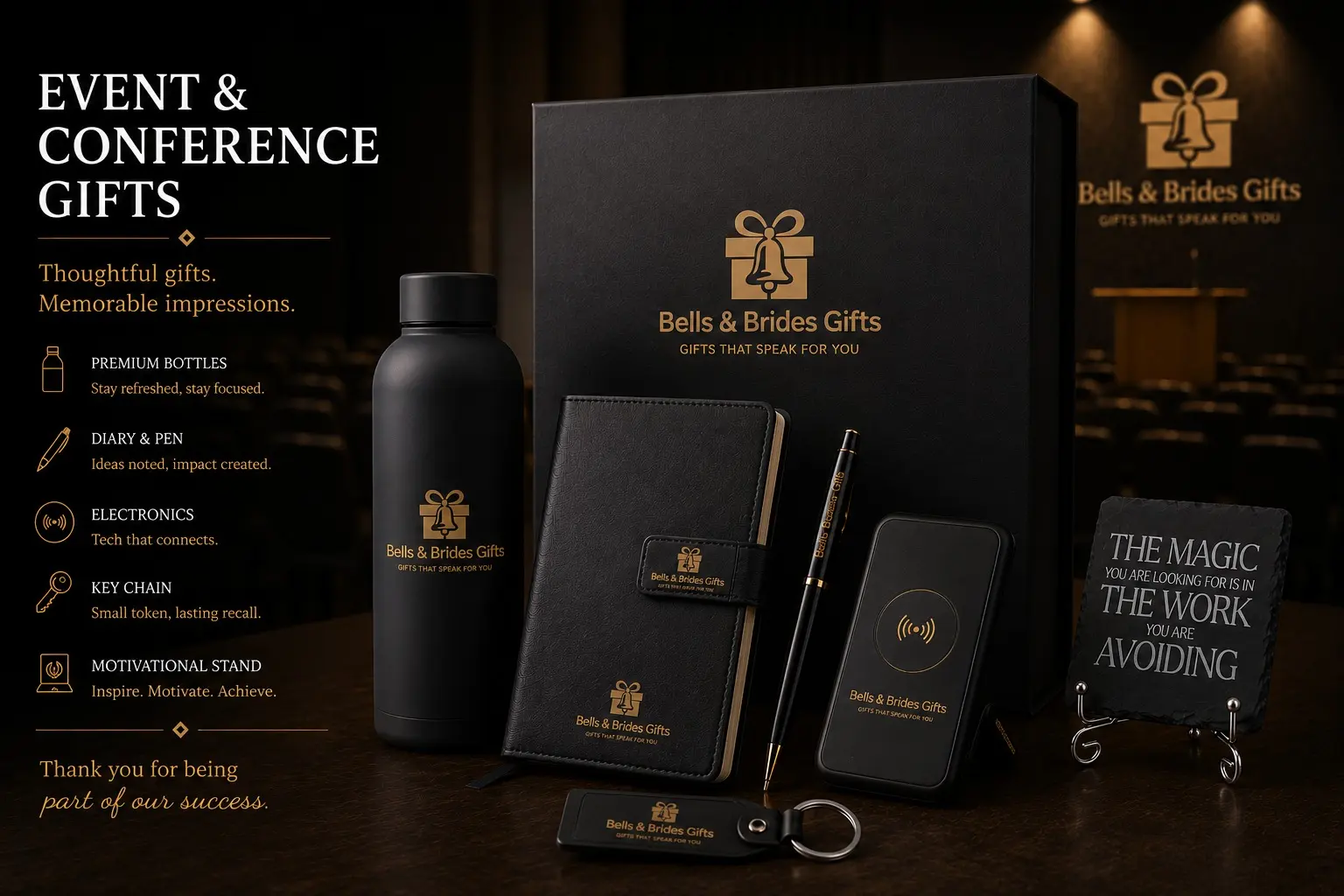 Event and conference gift set laid out in a box