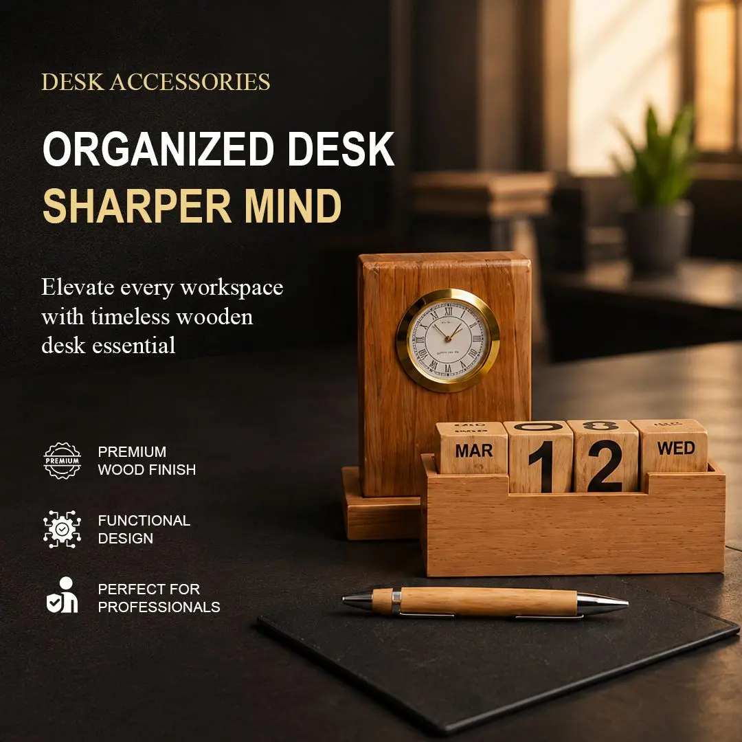 Wooden desk organiser with clock and calendar